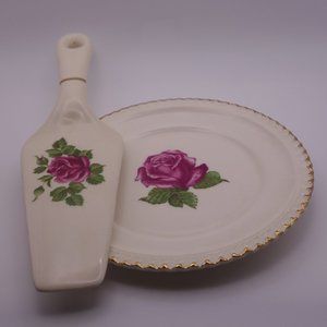 The Harker Pottery Co 22 KT. GOLD Rose Pattern 6inch Plate & Matching Pie Server